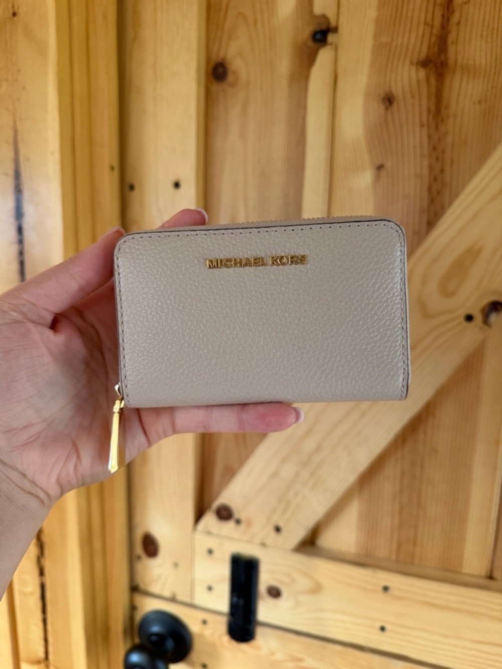 Michael Kors Beige Pebbled Zip Card Wallet with Gold Hardware
